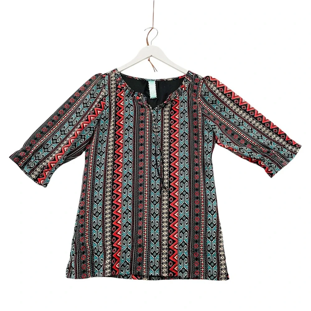 Lawman Womens Large Tribal Geometric Print Tunic Top 3/4 Sleeve Red Black